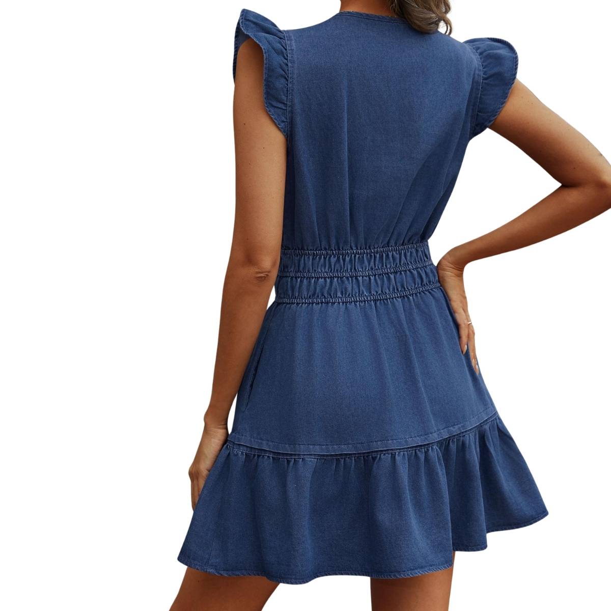 Vestido vaquero midi con cinturón y mangas cortas