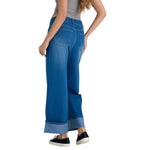 Mid Rise Rolled Hem Slimming Knit Denim Straight Leg Jeans