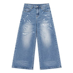 Bleached Rip Curved Wide Leg Denim Jeans