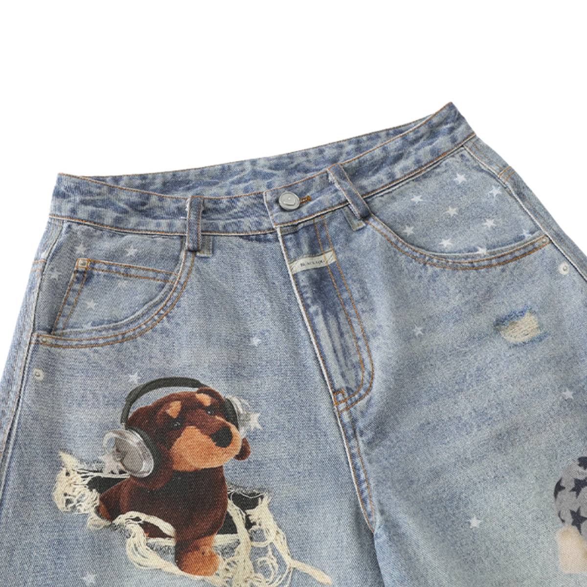 Washed Vintage Star Print Dog Distressed Relaxed Wide-Leg Bermuda Shorts