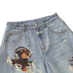 Washed Vintage Star Print Dog Distressed Relaxed Wide-Leg Bermuda Shorts