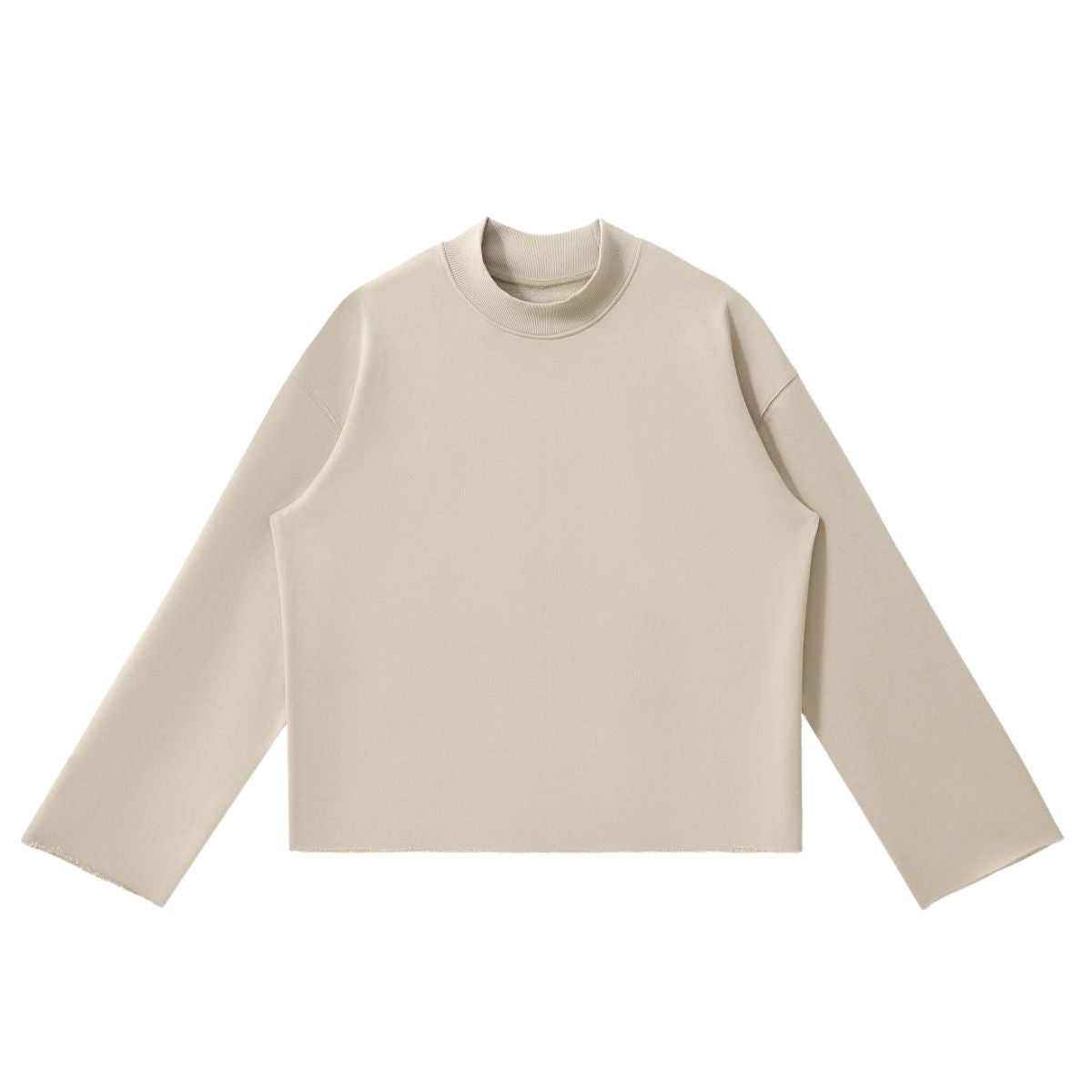 Short‑Wide Mock Neck Sweatshirt With Raw Frayed Loop Hem