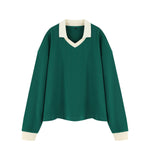Women's Heavyweight Washed Color Block Collared Long Sleeve Sweatshirt