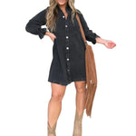 Women's Button Front Long Sleeve Short Denim Dress