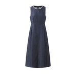 Sleeveless Embroidered Trim Denim Midi Dress
