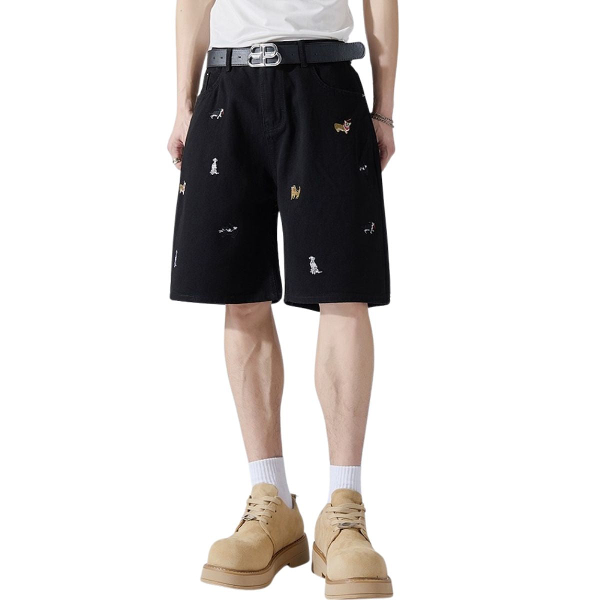 Dog Embroidery Loose Fit Denim Shorts