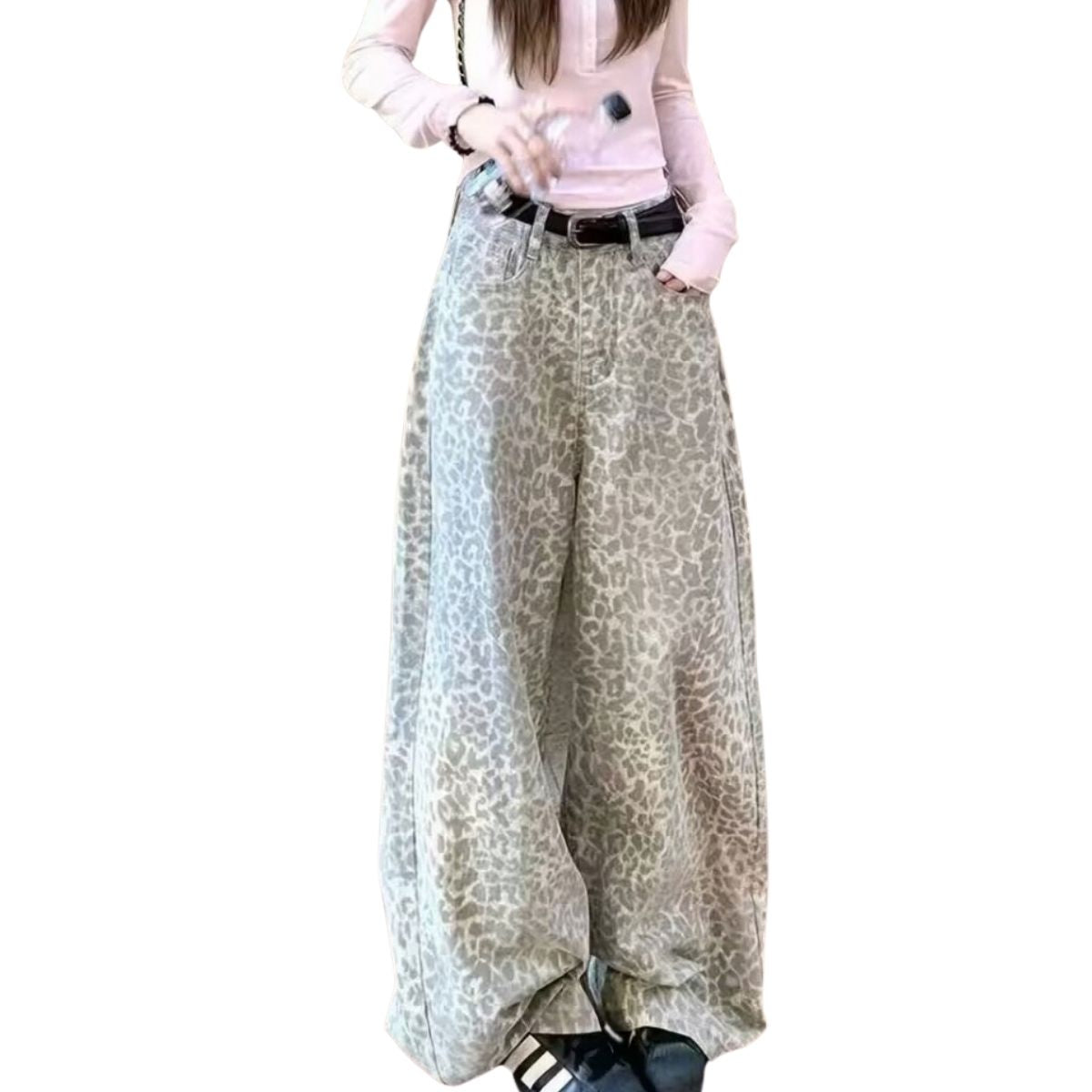 Vintage Y2K Street Leopard Print High-Waist Denim Wide Leg Jeans