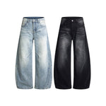 Vintage Washed Curved Loose Wide-Leg Jeans