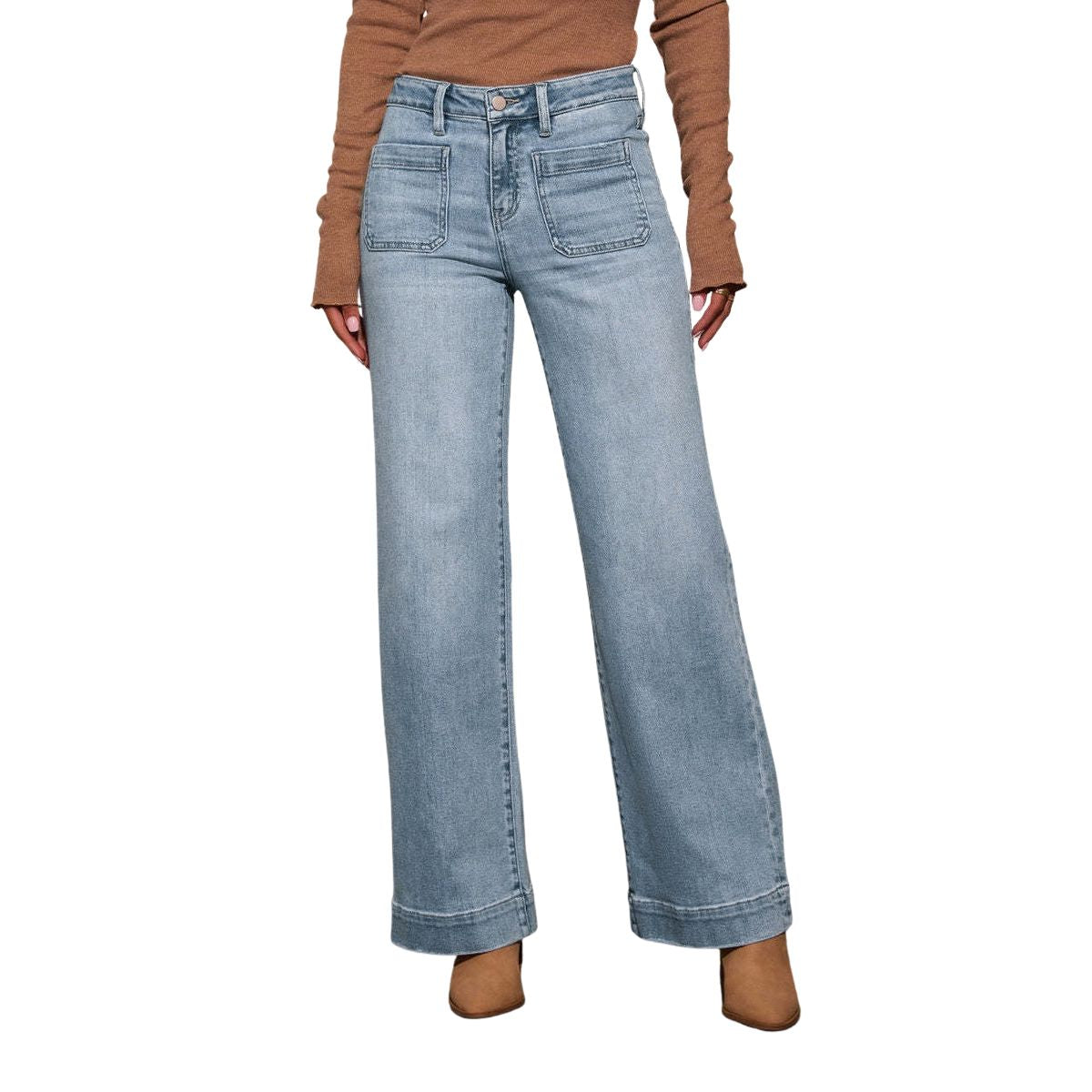 Women's Solid Color Pocket High Rise Straight Leg Jeans