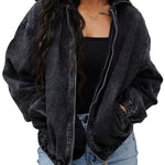 Women's Zip Up Hooded Cropped Denim Jacket