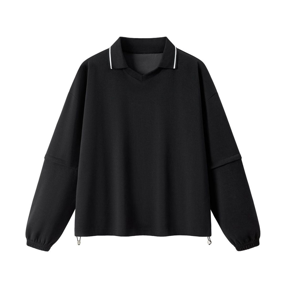 V‑Neck Color‑Contrast Hem Adjustable Drawstring Elastic Polo Sweatshirt