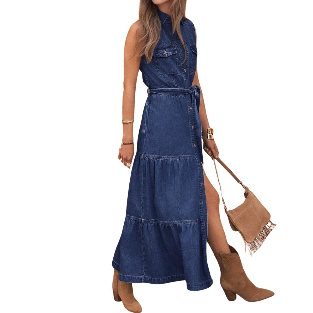 Vestido vaquero midi con cinturón y mangas cortas