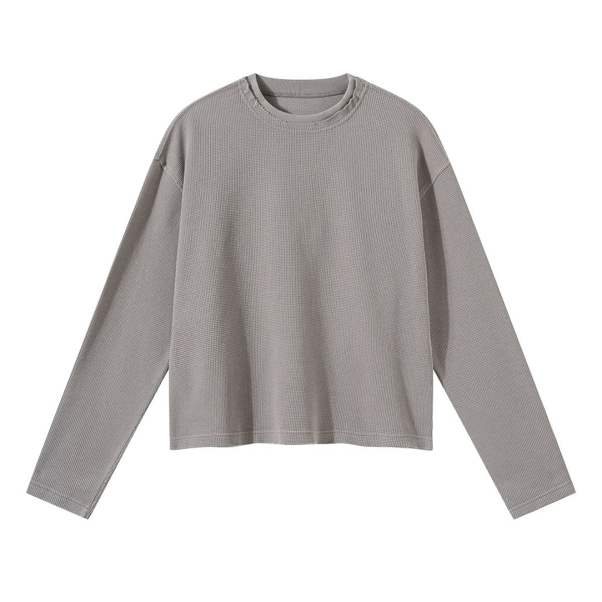 Waffle Raw‑Edge Spliced Distressed Long‑Sleeve T‑Shirt