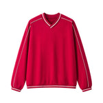 V Neck Contrast Color Drop Shoulder Sweatshirt Loose Fit Ribbed Cuffs
