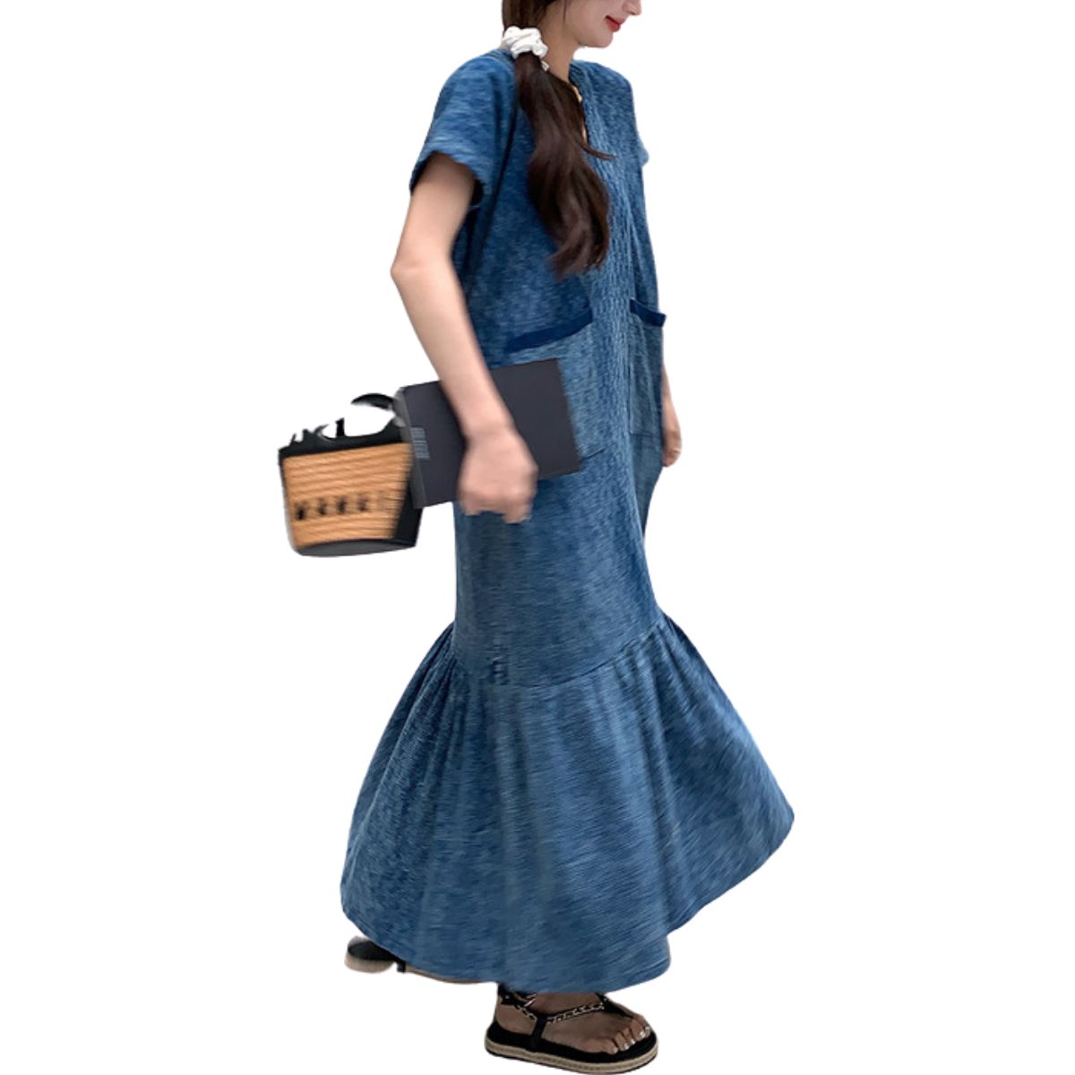 Vestido midi vaquero extragrande de manga corta con estampado de jacquard