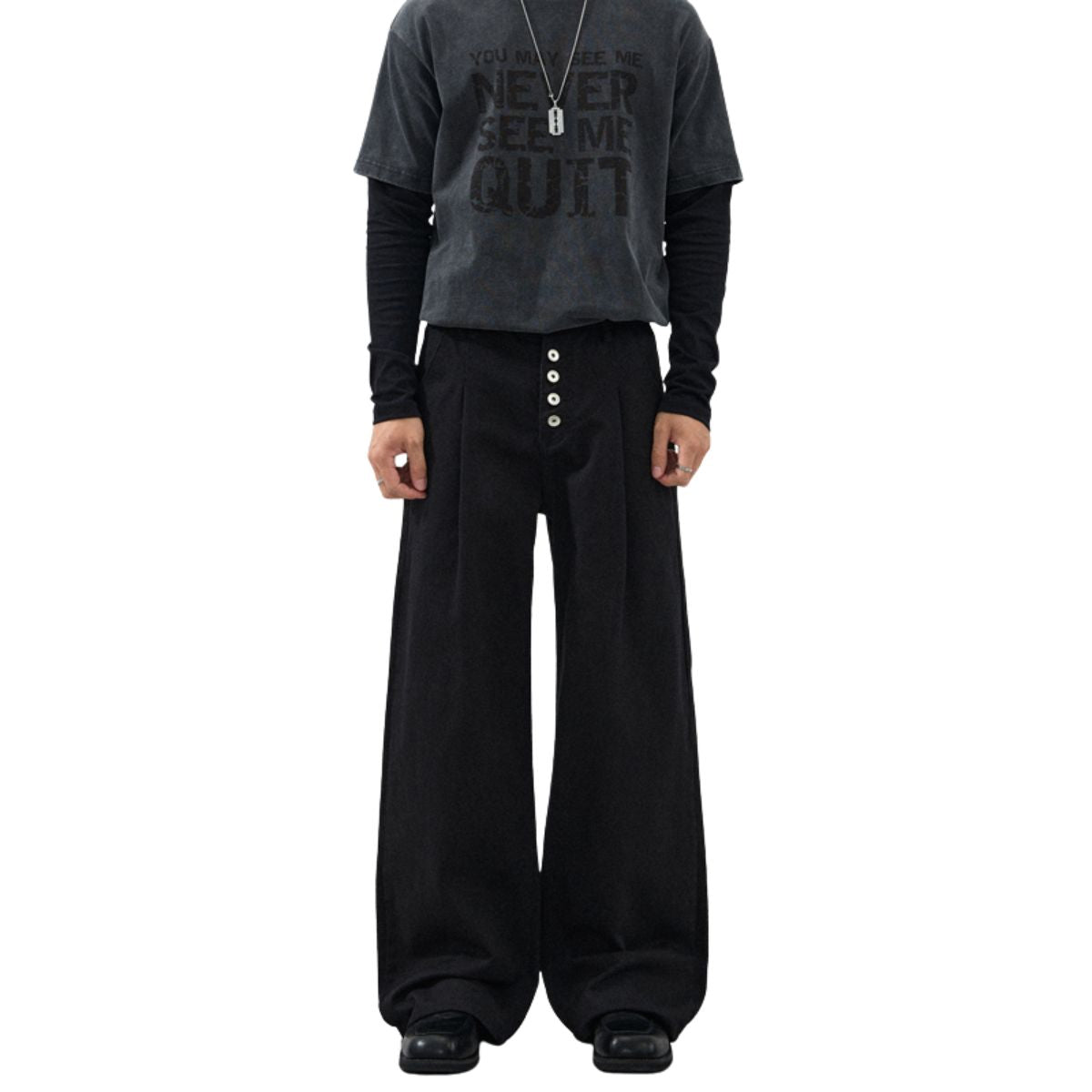 Button‑Fly Pleated Wide Leg Trousers