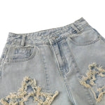 American Retro Frayed Hem Star Graphic Loose Fit Denim Trousers
