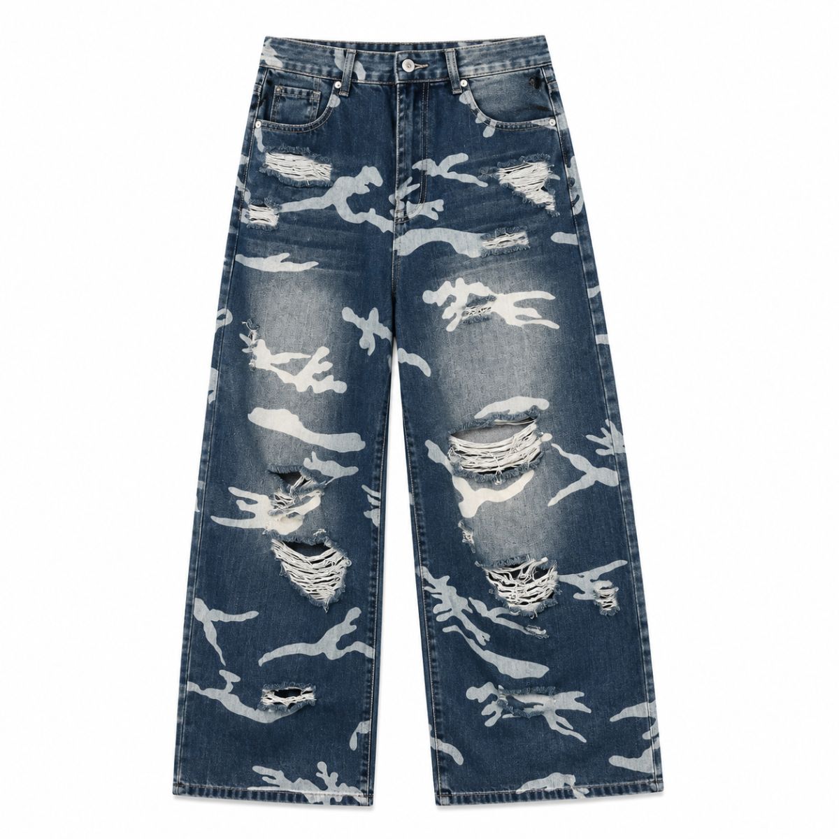 Camo Print Distressed Straight Leg Jeans