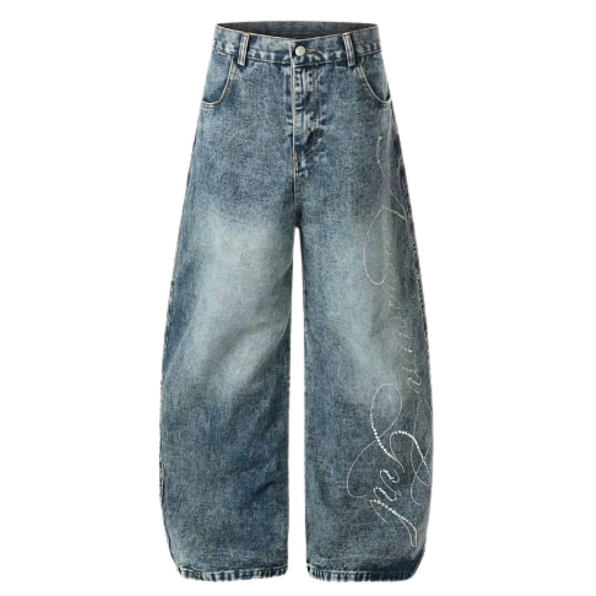 Vintage Embroidered Barrel-Leg Denim Jeans