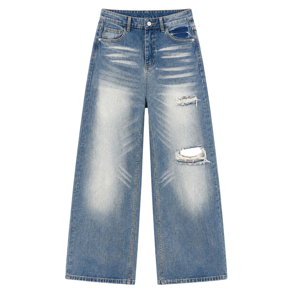 Distressed Curved Leg Wide Fit Denim Jeans