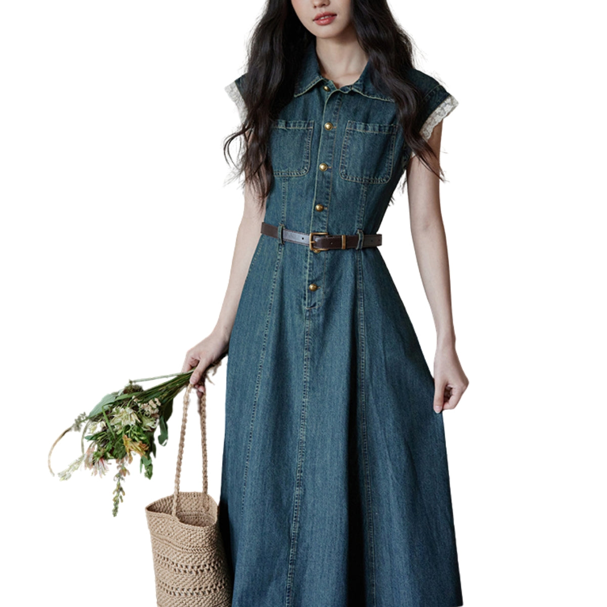 Cap Sleeve Belted Midi Denim Dress