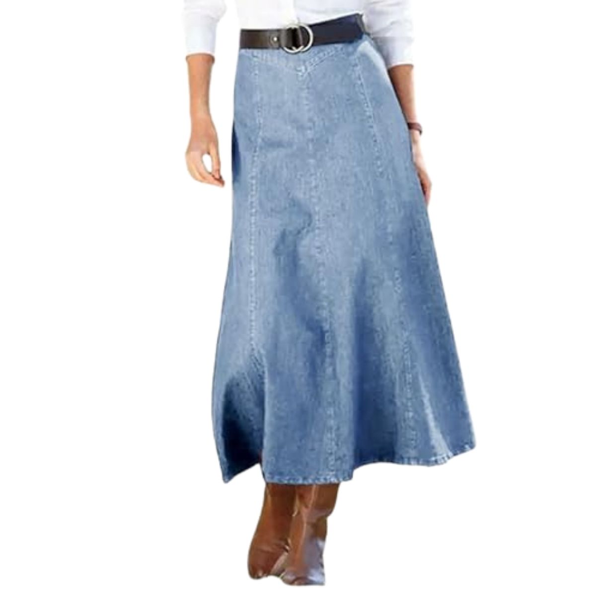 High-Waisted Flowy A-Line Long Denim Maxi Skirt