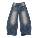Bleached Fade Curved Leg Baggy Denim Jeans
