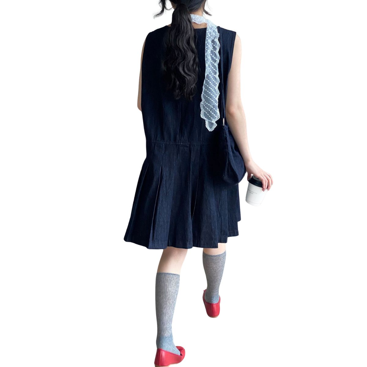 Loose-Fit Pleated Denim Mini Dress