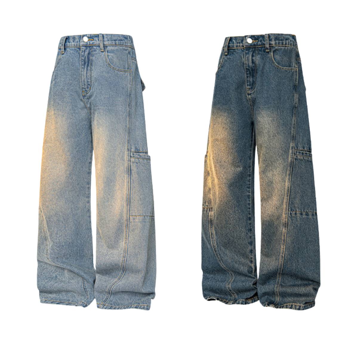 Faded Distressed Pleat Panel Oversized Loose Flared Jeans
