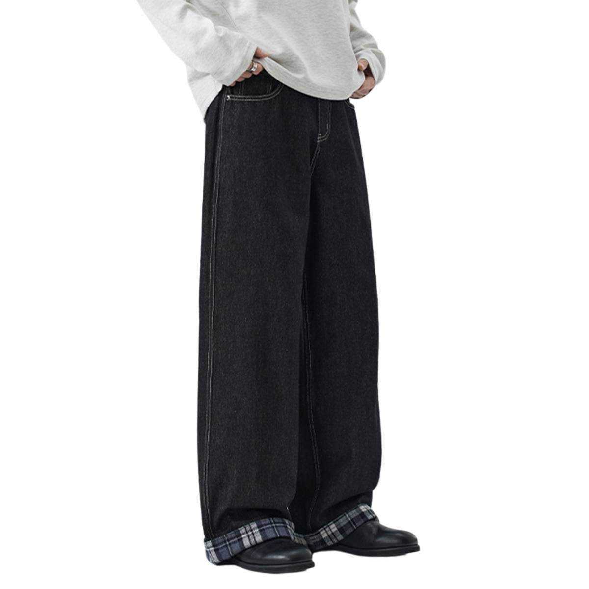 Contrast Stitch Black Wide-Leg Jeans