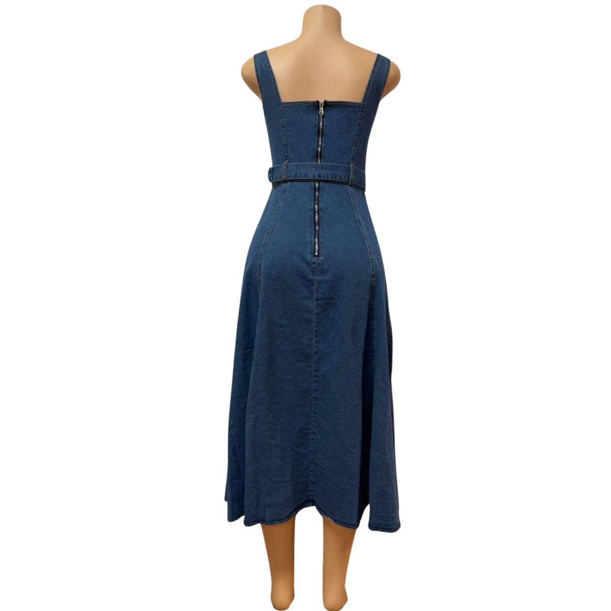 Button-Front Belted Denim Slip Midi Dress