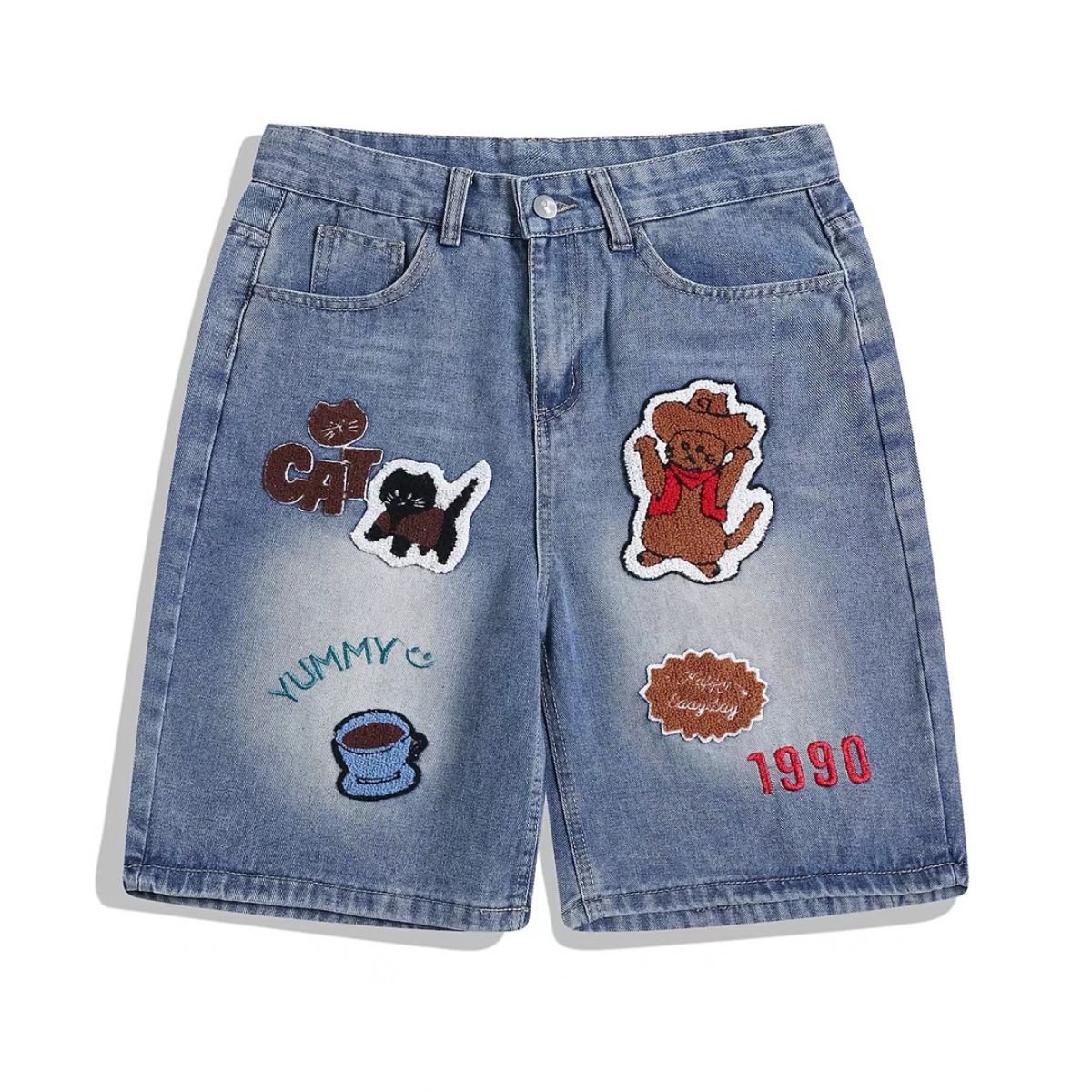 Cartoon Patch Loose Fit Denim Shorts