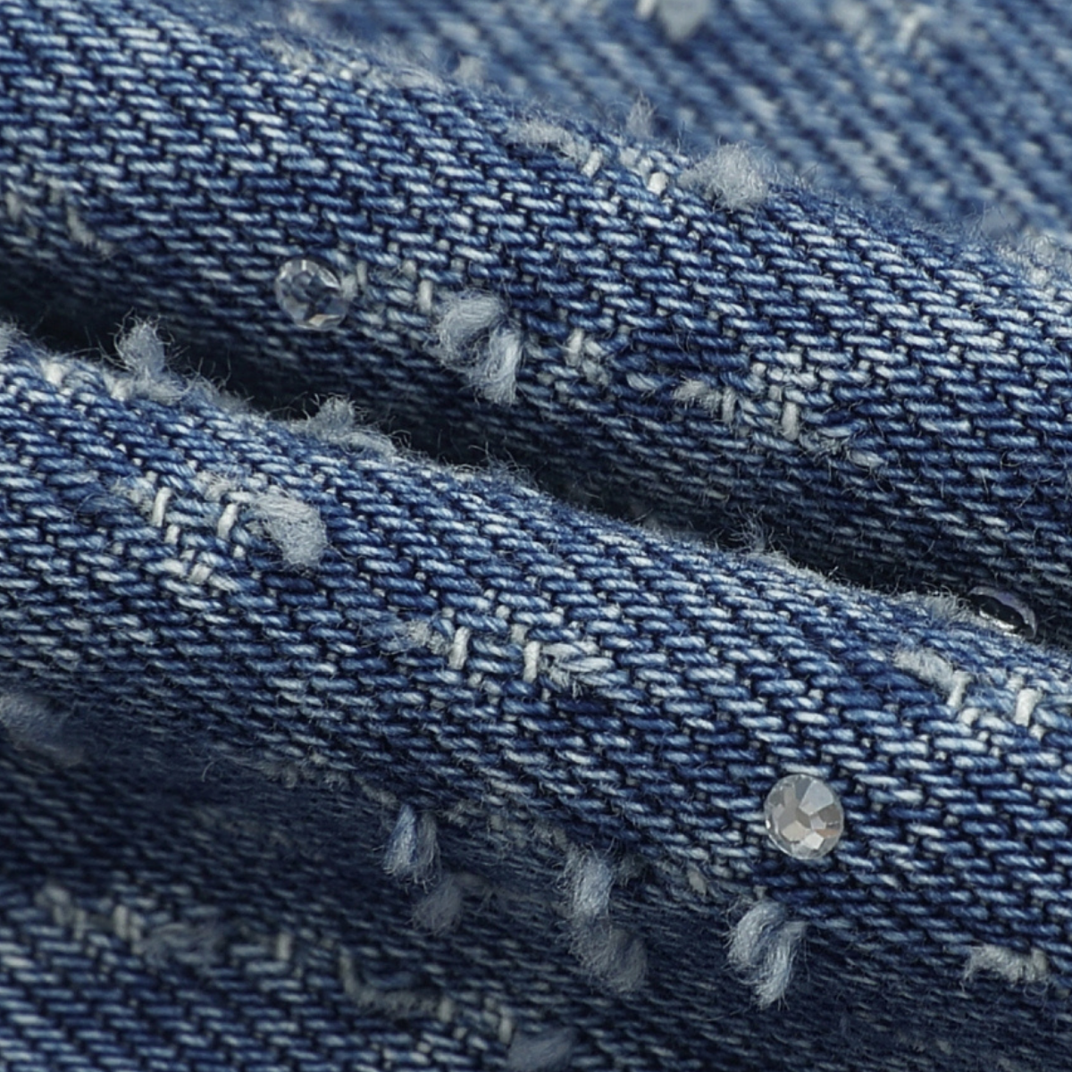 Sleeveless Jacquard Rhinestone-Embellished Denim Dress