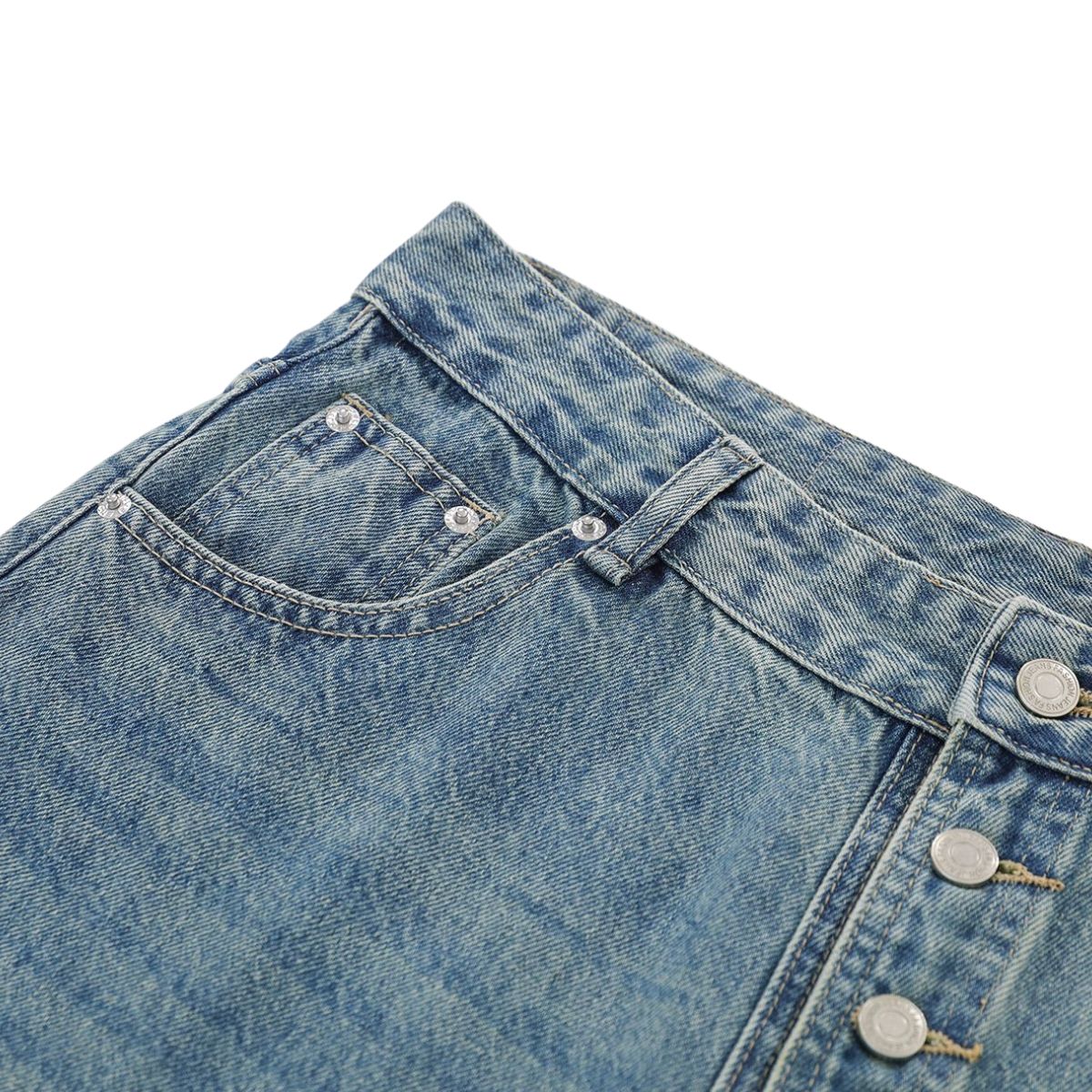 Vintage Washed Asymmetrical Button Denim Bermuda Shorts