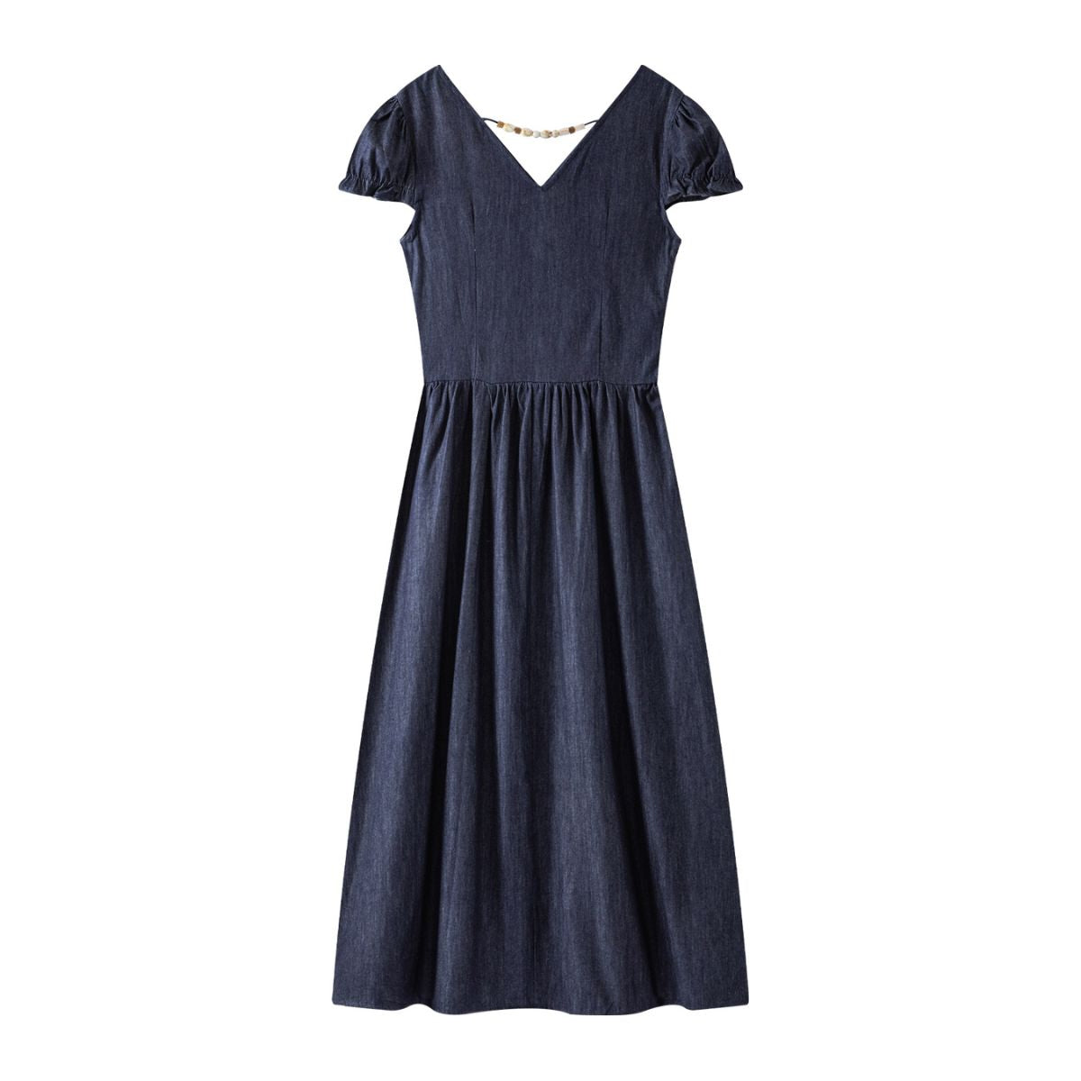 Puff sleeve Smocked Denim Midi Dress