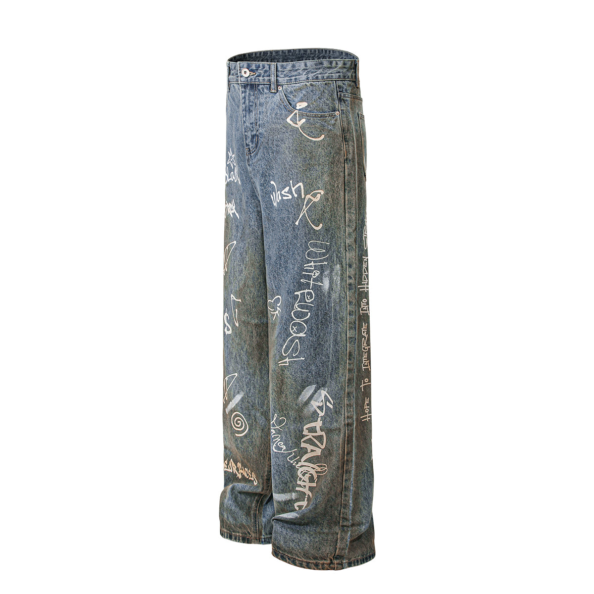 Graffiti Print Washed Wide-Leg Jeans