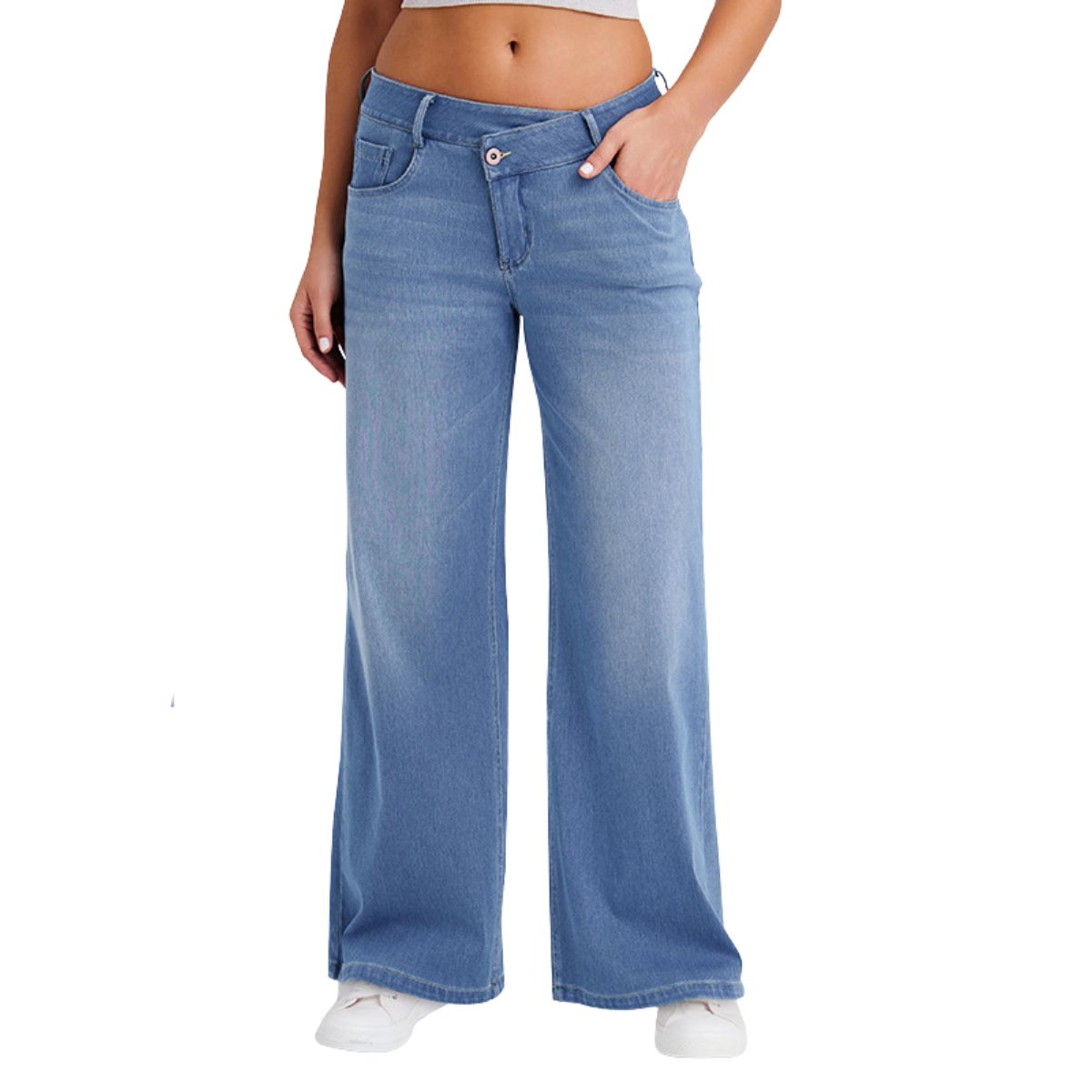 Women High Waist Wide Leg Whisker Spray Wash High Stretch Denim Pants