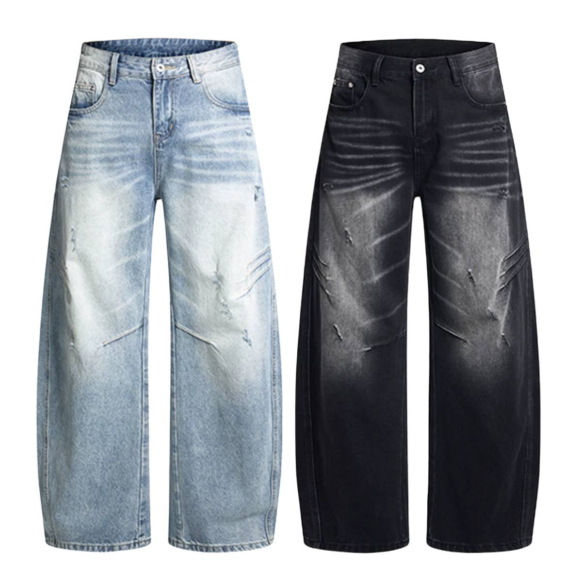 Washed Whiskered Balloon Fit Denim Jeans