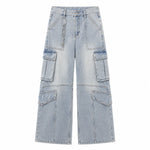 Vintage Wash Multi-Pocket Cargo Straight Leg Denim Jeans