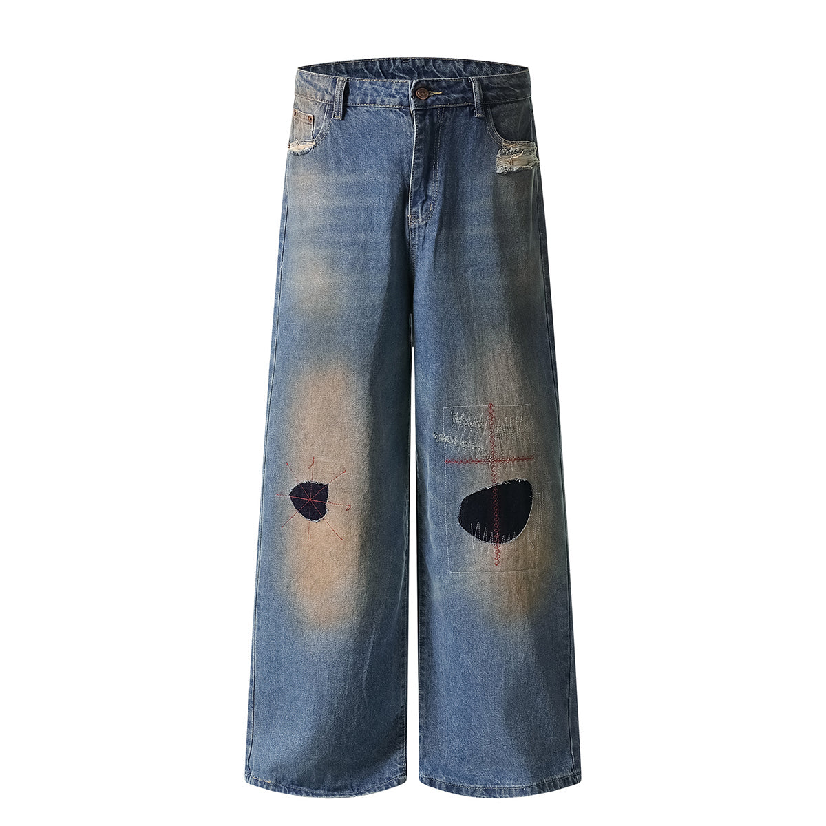 Loose Fit Embroidered Patch Distressed Jeans