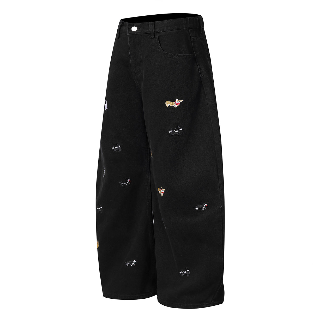 Washed Faded Dog-Embroidered Barrel-Leg Jeans