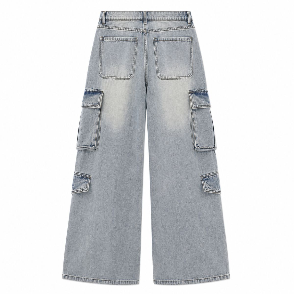 Vintage Wash Multi-Pocket Cargo Straight Leg Denim Jeans