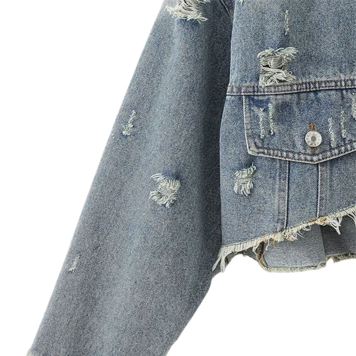 Asymmetrical Hem Cropped Ripped Denim Jacket