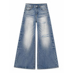 Washed Gradient Distressed Curved Leg Wide Denim Jeans