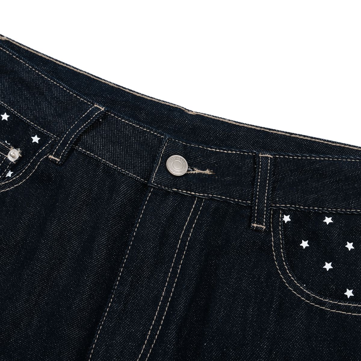 Star‑Print Curved Blade Raw Denim Jeans