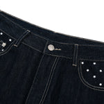 Star‑Print Curved Blade Raw Denim Jeans