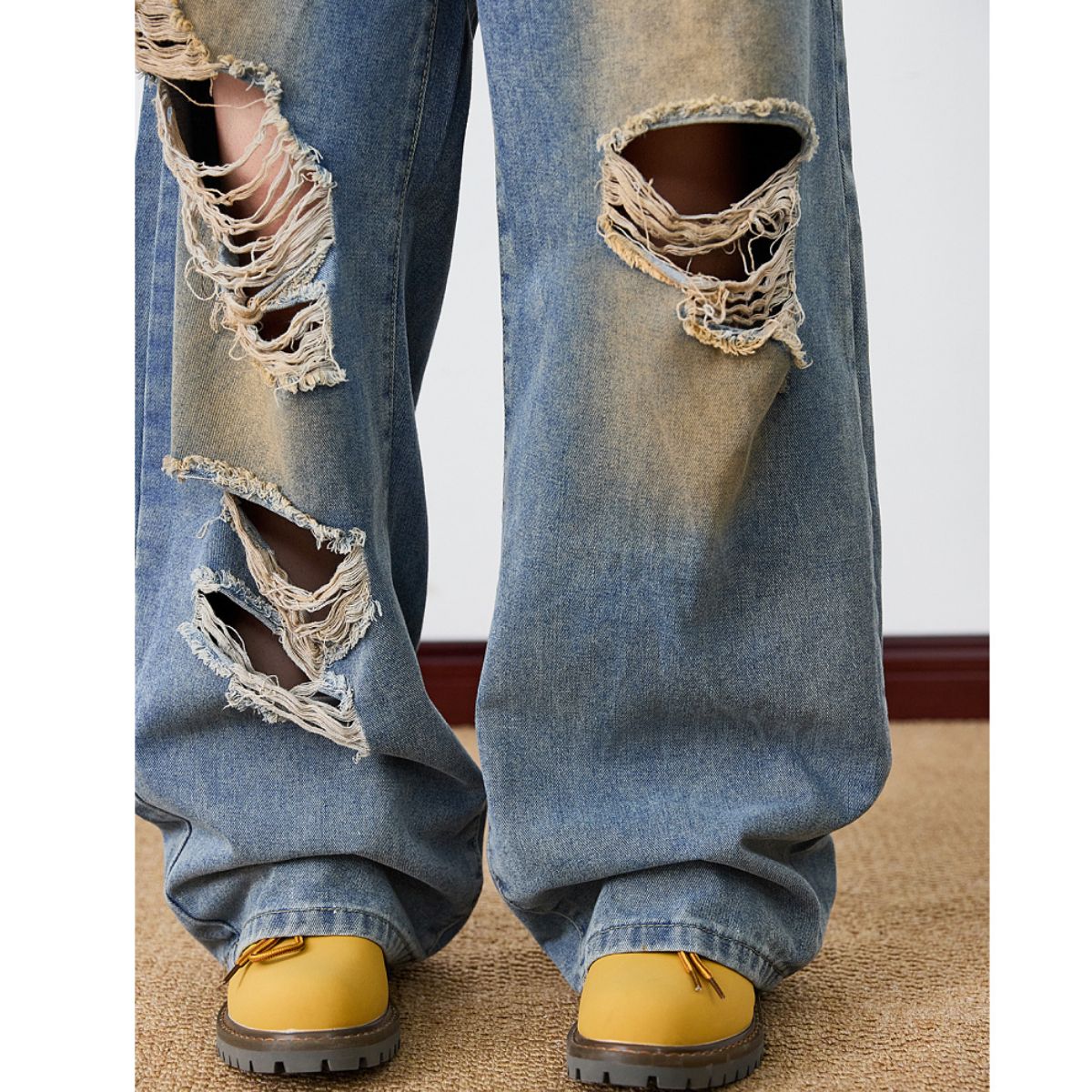 Distressed Barrel Leg Denim Jeans with Heavy Rip Details