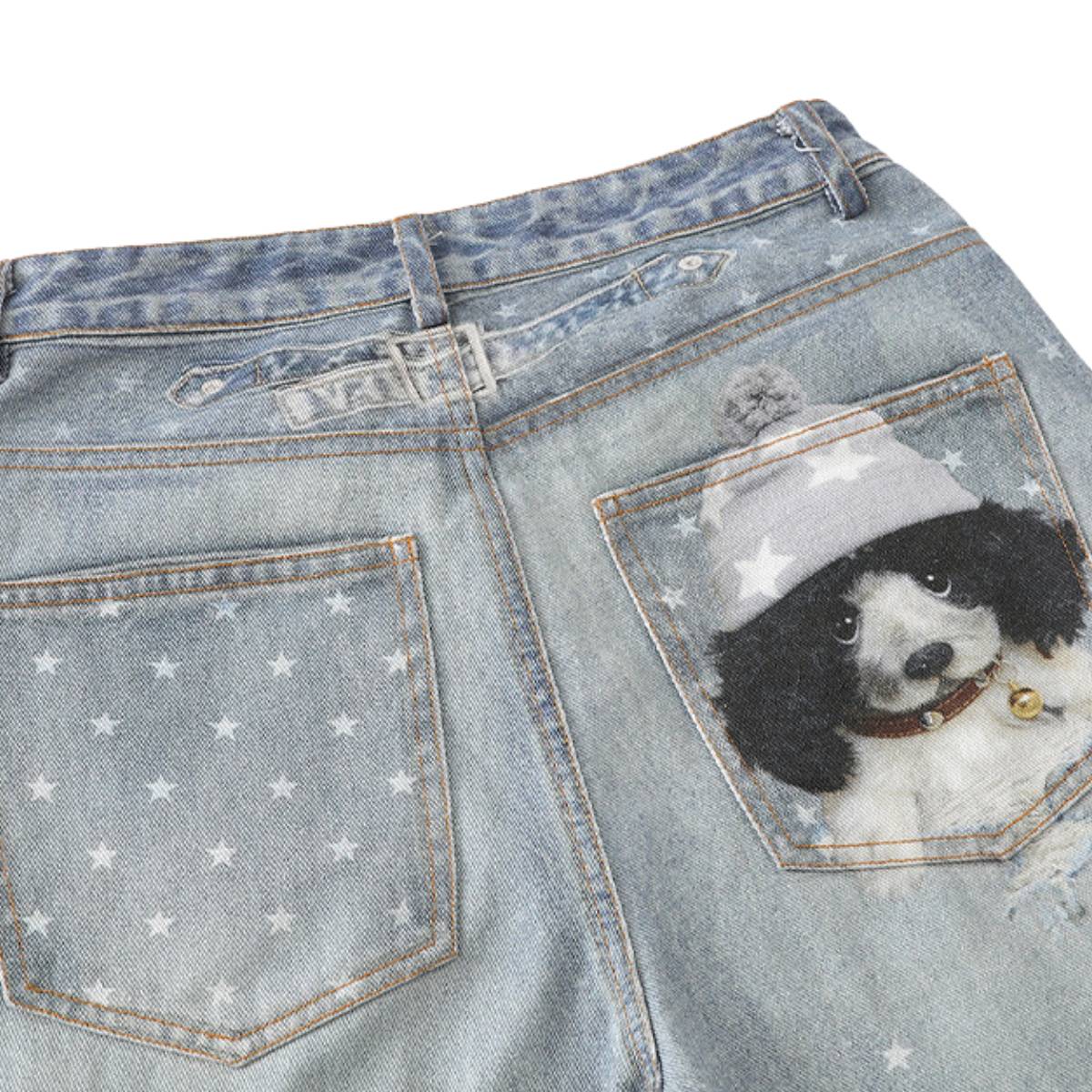 Washed Vintage Star Print Dog Distressed Relaxed Wide-Leg Bermuda Shorts