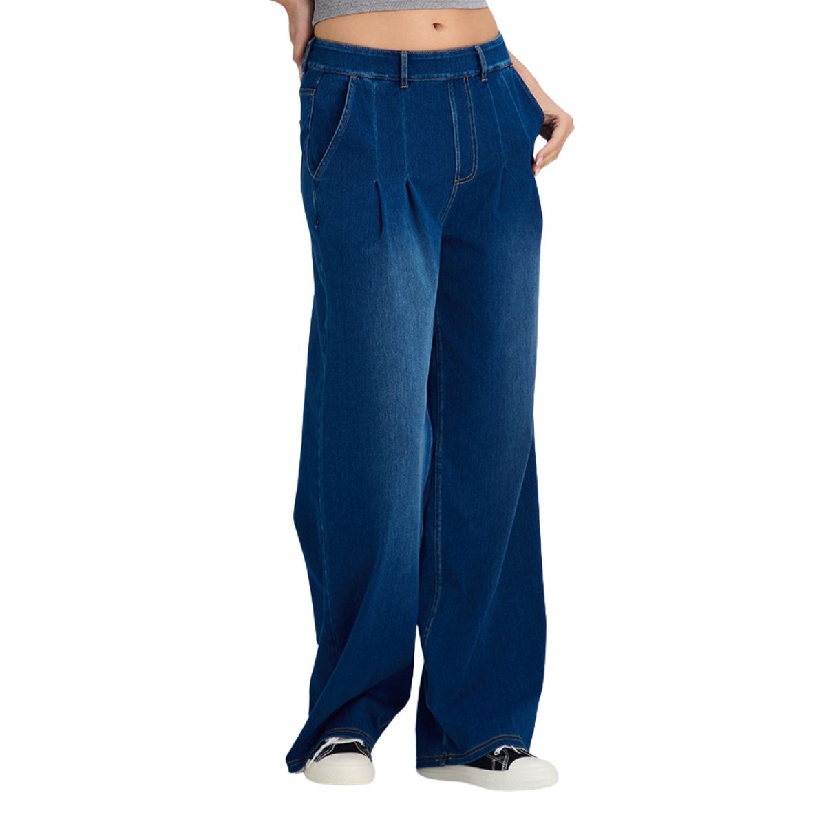 High Waist Vintage Knit Denim Wide Leg Casual Jeans with Pockets