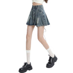 High-Rise Pleated Denim Mini Skirt